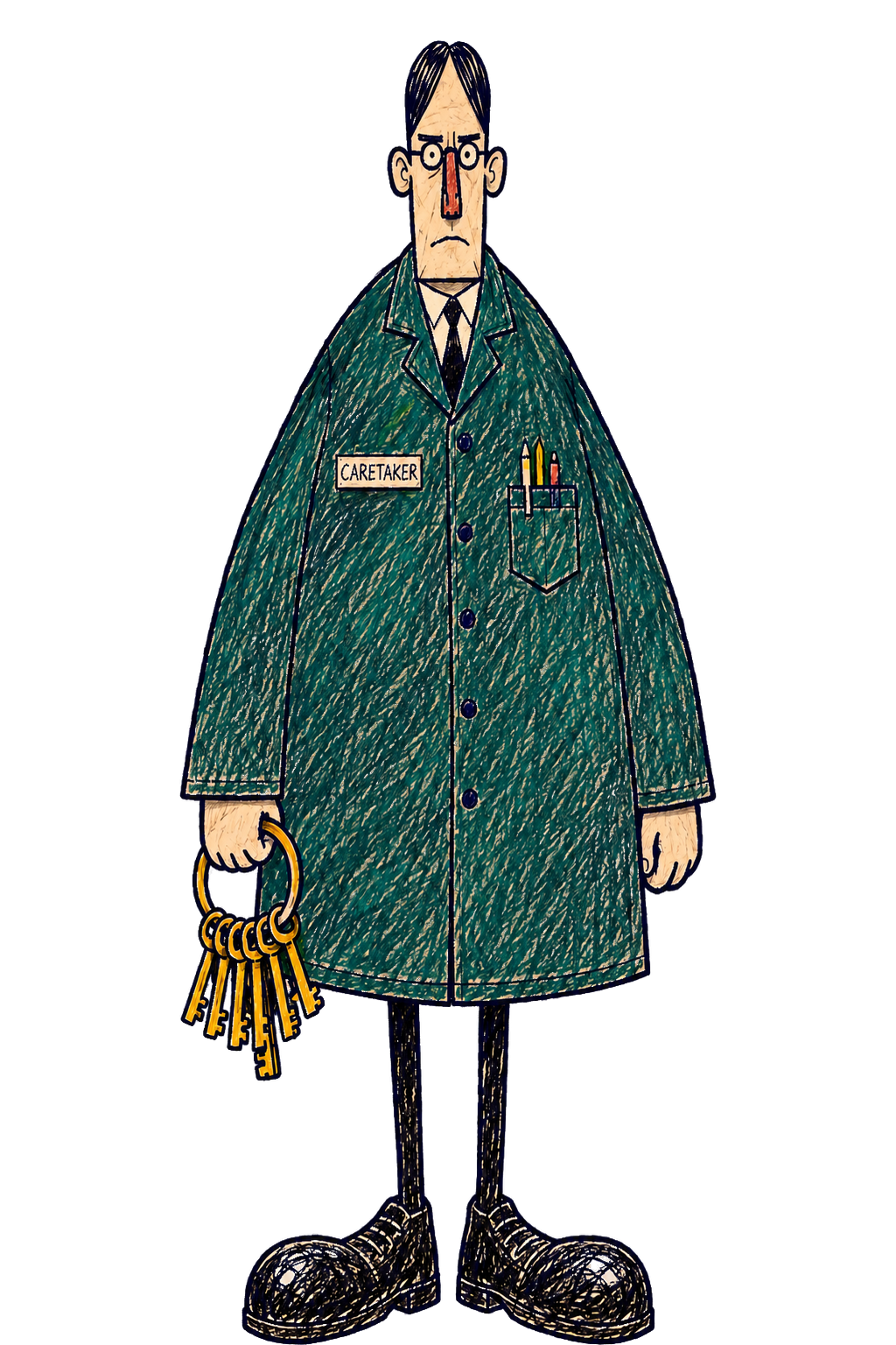 The stern, pencil-drawn caretaker in his long green coat, clutching a ring of keys